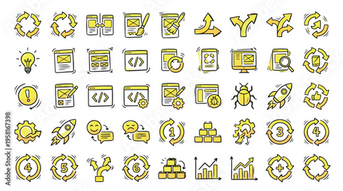 Software Development and Workflow Icon Set in Yellow Doodle Style. A collection of Technology Linear Icons, Including coding, rocket, bug, gear, website, feedback, analytics