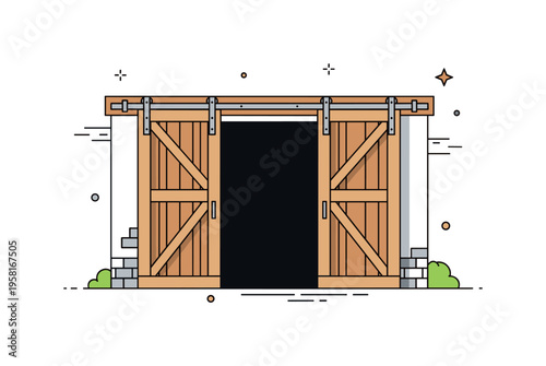 Country barn doorway wide wooden barn door with large diagonal braces and visible sliding rail hardware creating a recognizable farm building feature. The