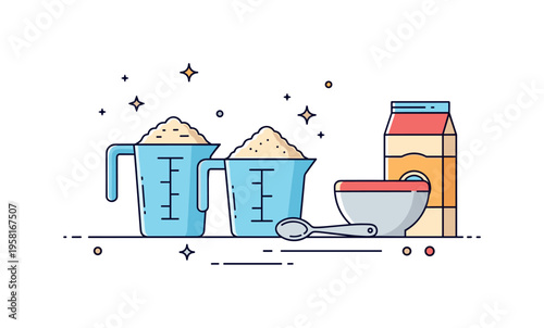 Measuring ingredients for baking measuring cups filled with flour and sugar placed beside a small bowl and spoon while tiny star sparkles suggest careful
