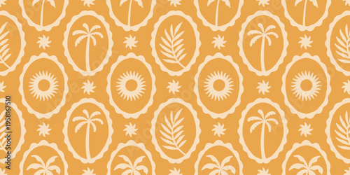 Vector hand drawn seamless pattern in simple doodle sketchy wavy and groovy naive style, abstract summer vacation surface design with palm trees and suns