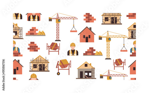 home building site seamless pattern, construction workers in helmets and vests, cranes, bricks, cement mixers, scaffolds and half-built houses arranged in a