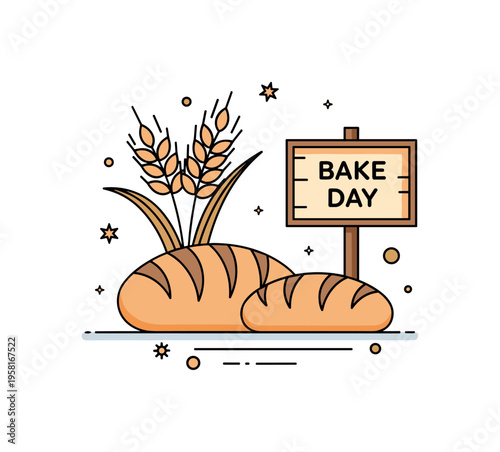 Artisan bakery bread display two simple loaves arranged beside wheat stalks and a small sign reading Bake Day. The compact scene evokes a small local bakery