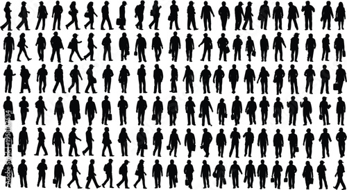 Huge collection of people silhouettes crowd walking standing diverse human figures isolated on white background minimal flat vector illustration set modern design