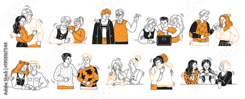 Vector illustration of diverse people happily interacting in various social settings. This colorful and stylish artwork showcases relationships and communication in a modern context.