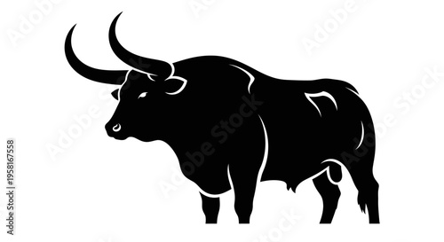 Black bull with large curved horns.