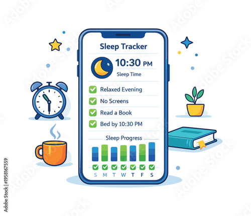 Healthy sleep routine visualization showing a sleep tracking app screen with a moon checklist and gentle progress indicators suggesting consistent bedtime