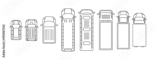 Monochrome top view illustration of various vehicles. Includes cars, buses, and trucks outlined with precision. Ideal for transport designs or educational purposes.