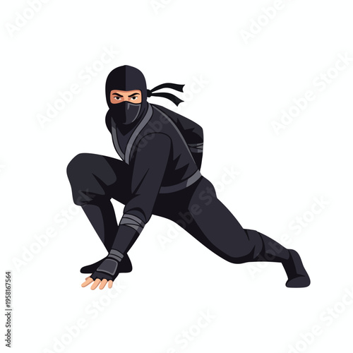 Stealthy warrior in black, poised to strike in a low crouch, eyes focused