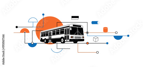 retro city bus driving across an abstract route grid, black and white bus cut-out with white outline effect, large orange circle behind the bus like a transit