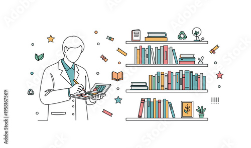Environmental Materials Scientist. Minimalistic one-line drawing person in lab coat examining eco-friendly material samples and recording data, continuous