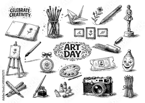 アートデー素材イラスト集（創作ツールと趣味アイテムのペン画セット）、Art Day Illustration Set (Creative Tools and Hobby Items in Pen Drawing Style)
