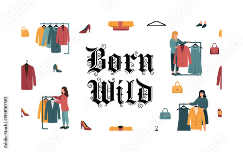 Born Wild. lettering and all elements in black. Vector style. AWhite background. Pure white background. Perfect isolation and visual consistency.