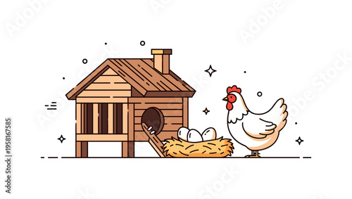 Hen house and nest wooden coop with a hen standing proudly beside a straw nest filled with eggs while tiny star accents emphasize the fresh farm harvest.