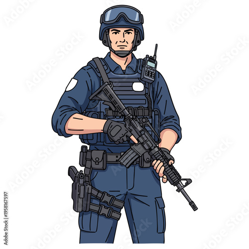 Man in tactical gear, helmet, and rifle, holding radio