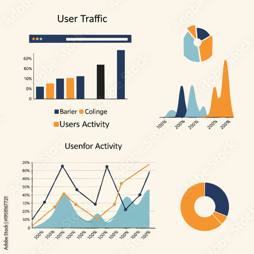 Displays multiple charts bar, line, area, pie, and donut graphs showing user traffic and activity trends
