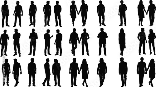 Set of male and female silhouettes standing walking couples and individuals people figures isolated on light background minimal flat vector illustration collection