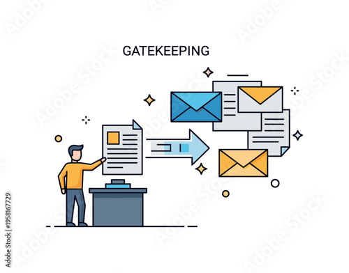 Gatekeeping in media symbolic newsroom scene where a small editor figure selects one document from several message icons before sending it forward. The