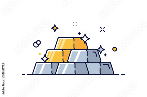 Precious metal concept featuring a small stack of gold and silver bars with sparkle accents suggesting value and rarity. Compact visual metaphor of wealth,