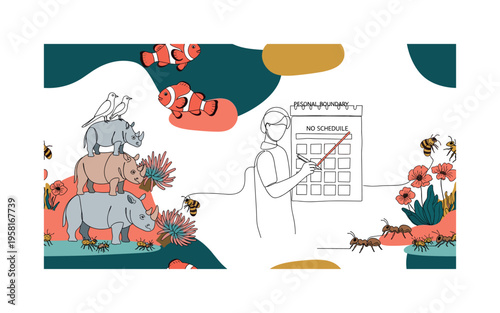 nature mutualistic systems seamless pattern, animals working together like birds on rhinos, clownfish with anemones, bees pollinating flowers, and ants with