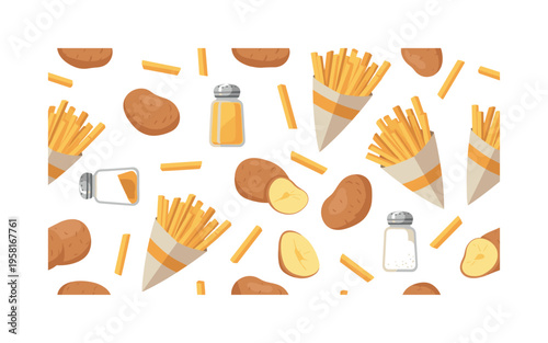 French fries and potatoes seamless pattern, raw potatoes crispy fries paper cones and salt shakers arranged in a repeating pattern, white background with