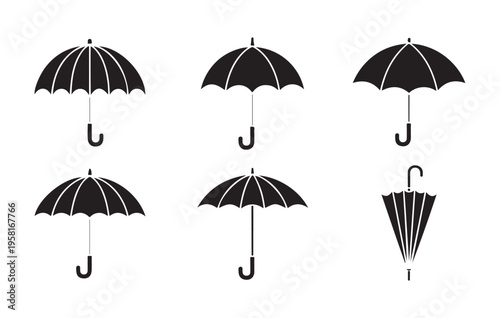 Variety of umbrella silhouette icons including open and closed positions for rain protection and weather design