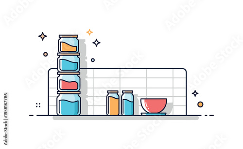 Space saving kitchen storage theme showing vertical stacking of compact jars beside a smooth backsplash line, symbolizing efficient use of countertop area. The