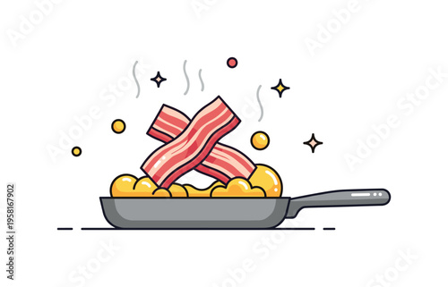 Bacon fat on a pan showing sizzling strips of bacon with golden fat pooling around, small decorative dots emphasizing heat, aroma, and cooking process.