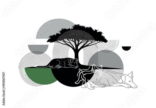dog resting under tree abstract semicircles lines and geometric blocks symbolizing calm and nature connection black and white retro dog silhouette with white