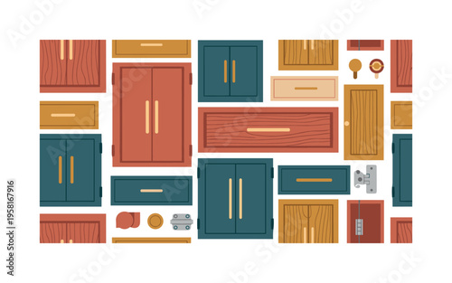 furniture cabinet doors seamless pattern, drawers and cabinet panels, handles, knobs, hinges, and wood textures arranged in a repeating pattern,