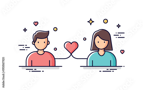 Lasting relationships idea with two people connected by a simple heart line while small motion accents suggest the pace of modern life around them. The scene