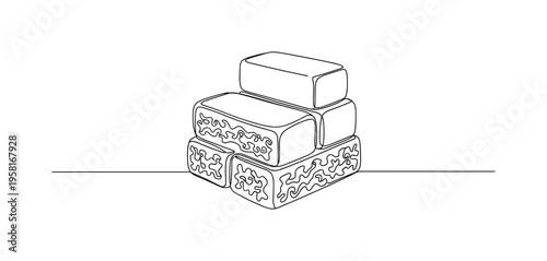 Mycelium Structural Material. Minimalistic one-line drawing eco-friendly building brick grown from fungal mycelium stacked into a small structure, continuous