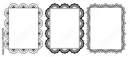 Vector graphic design, lace linear border and frame with copy space for text, logo, monogram, minimal trendy stationery and brand packaging template