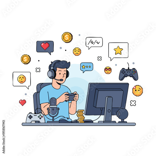 Gamer with headset plays video game with controllers, microphone, monitor and icons