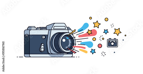 Artistic photography concept a classic camera with a soft burst of creative elements like stars and abstract shapes emerging from the lens,