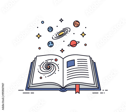 Astronomy learning moment showing an open book with a spiral galaxy diagram while small stars and planets float above the pages. Friendly educational scene
