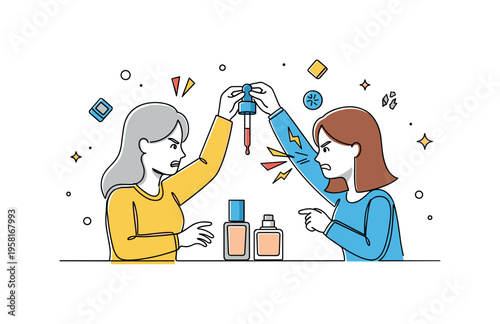 Makeup Preparation Scene. Minimalistic one-line drawing woman holding serum dropper while foundation bottle sits on vanity table, continuous single black line