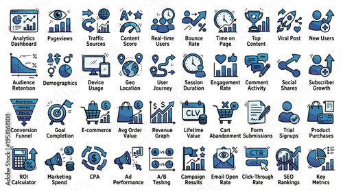 Digital Marketing and Data Analytics Icon Set in Hand-Drawn Style. Collection of Marketing Linear Icons, Including Dashboard, SEO, ROI, Funnel, Conversion, Traffic and more. Editable Vector