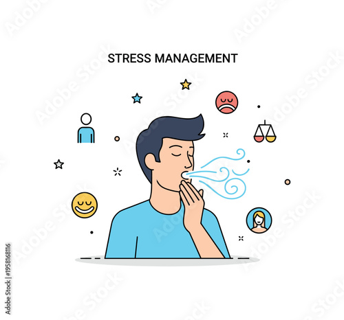 Stress management breathing a focused person practicing deep inhale and exhale while small calming symbols and airflow curves illustrate relaxation and