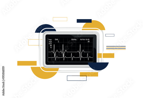 black and white hospital heart monitor displaying fluctuating ECG waves, white outline cut-out effect around the device, abstract semicircles and rectangular