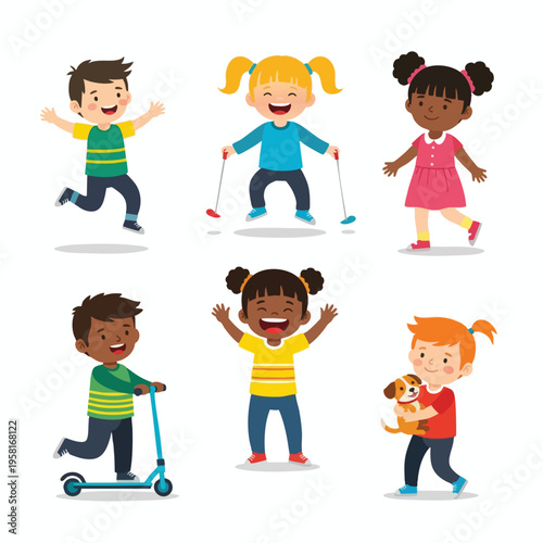 Six diverse children joyfully engage in various activities, including playing, sports, and companionship
