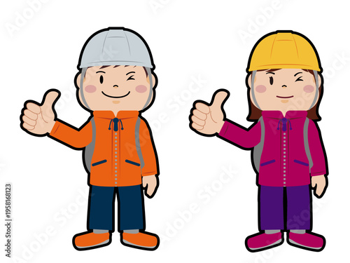 準備完了！防災服で親指を立てる（グッド）男女のイラスト