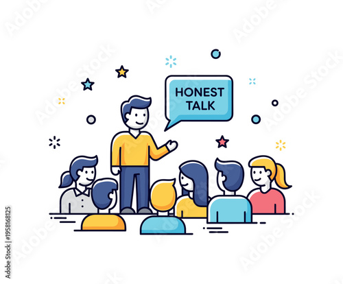 Leadership openness moment featuring a leader standing beside a small speech bubble labeled ?Honest Talk? while team members gather around. The friendly scene