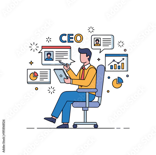 CEO in office professional business leader sitting at a desk with documents and laptop representing responsibility, authority and strategic thinking in a