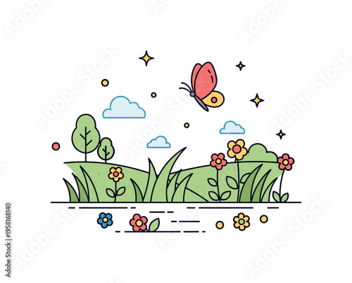 Fresh spring meadow featuring a bright open field with scattered flowers and a butterfly icon floating above the grass. The scene represents nature, renewal,