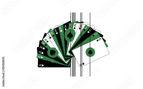 Black and white deck of cards fanned out in a semicircle, layered with bold green circular accents and thin vertical lines reinforcing symmetry and illusion,