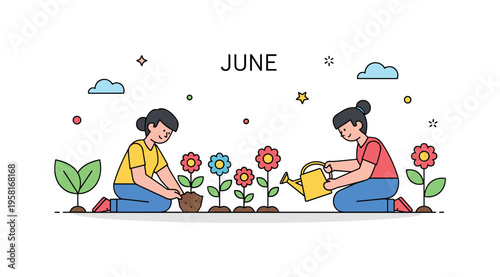 June flower planting a friendly garden scene where two people plant colorful flowers while leaves and a watering can symbolize care growth and summer nature.