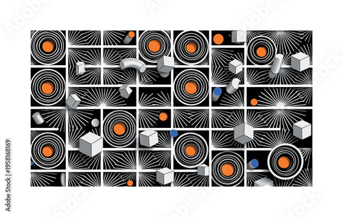 retro style vector pattern made of black and white concentric circles and radial lines, shapes cut out with white contour outline effect, bold orange circles