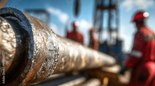 Close-up of a red pipeline on an offshore oil rig.