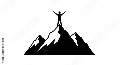 Person standing on mountain peak triumphantly.