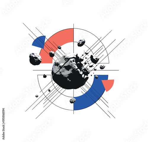 monochrome asteroid fragment breaking apart with small rocks drifting around it, intersecting semicircles and diagonal geometric lines symbolizing motion